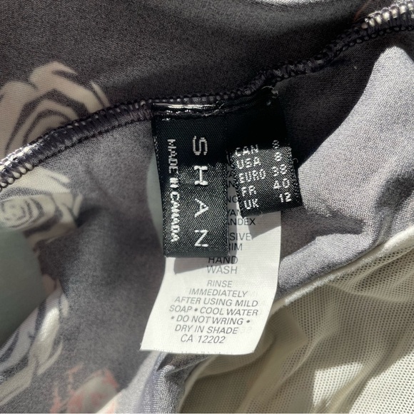 SHAN Strappy Back Rosette Tulle Trim Black Multi Rose Print One Piece Swimsuit 8 - Picture 8 of 11